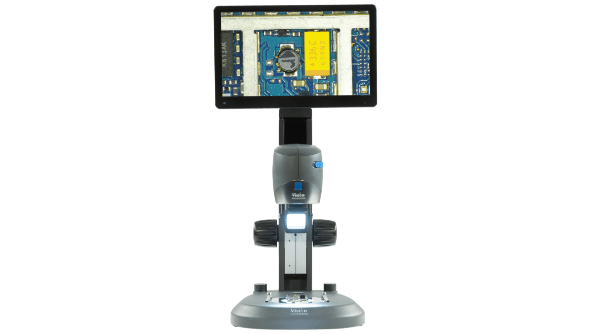 Microscopio digitale compatto VE Cam con monitor montato su stativo da banco