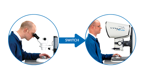 7-reasons-reason-1-600×338 Operator using a binocular stereo microscope versus an eyepiece-less stereo microscope