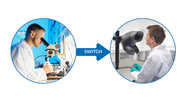 7-reasons-reason-3-600×338 Man using traditional binocular microscope, another man using Mantis eyepiece-less microscope