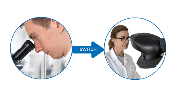 man with bent neck looking down microscope eyepiece, woman wearing glass looking straight ahead through eyepiece-less microscope