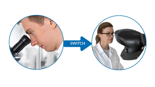 7-reasons-reason-5-600×338 man with bent neck looking down microscope eyepiece, woman wearing glass looking straight ahead through eyepiece-less microscope
