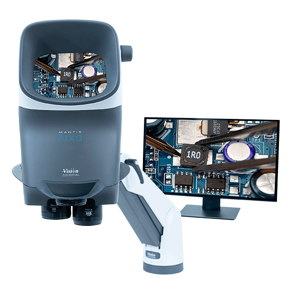 Stereomicroscopio Mantis PIXO con telecamera che visualizza il PCB sul monitor