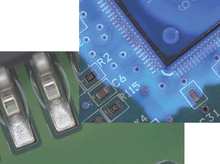 application-electronics-coating-768×572 Electronic PCB component shown magnified on monitor using EVO-Cam II digital microscope