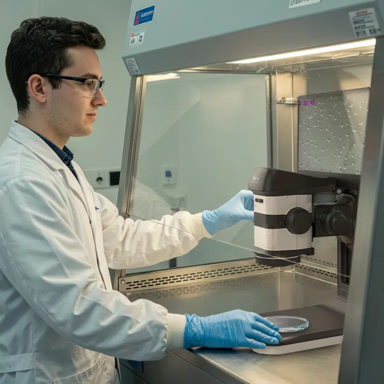 VE_VISO_Image3_2025.08-768×768 Microscopio stereo digitale ProteQ VISO 3D azionato dall'uomo in una cappa a flusso laminare