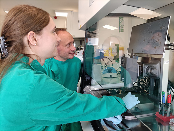 Two lad technicians using Makrolite 4K to inspect cell cultures