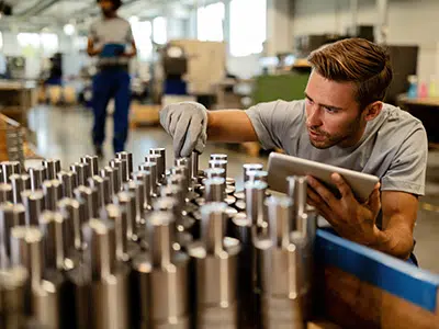 iStock-1152648684-goodsin-400×300 Uomo che ispeziona lavorazioni metalliche su una linea di produzione