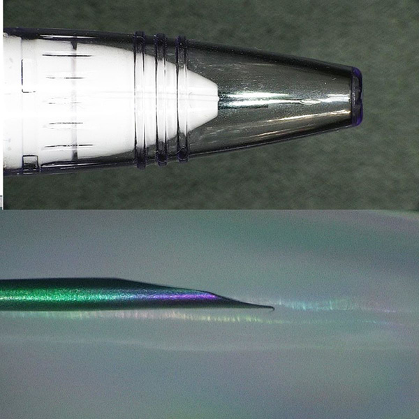 Medical tip being inspected with and without the plastic cover